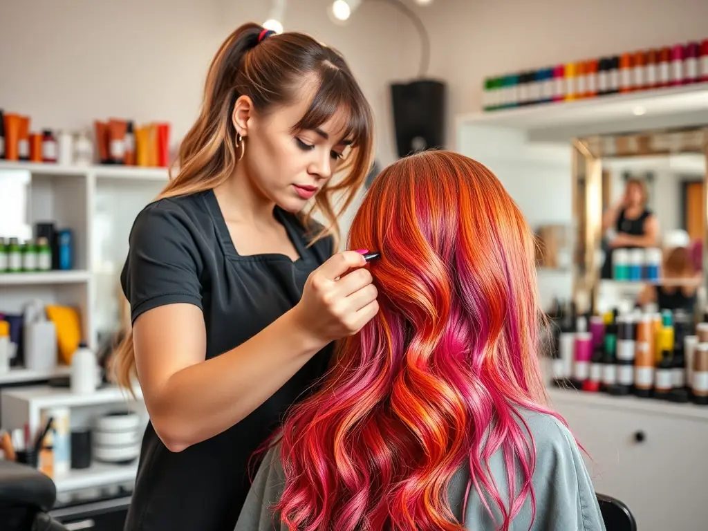 A stylist applying color to a client's hair, showcasing a vibrant and artistic approach to color treatments.