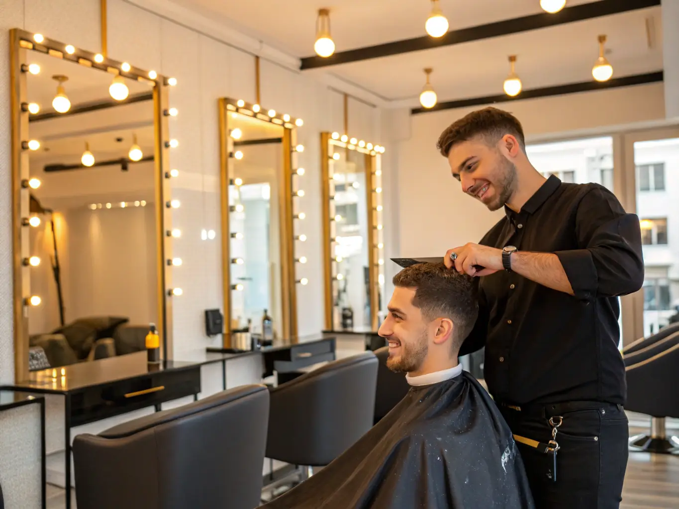 A stylist giving a fresh haircut to a client in a modern salon setting, focusing on precision and style.