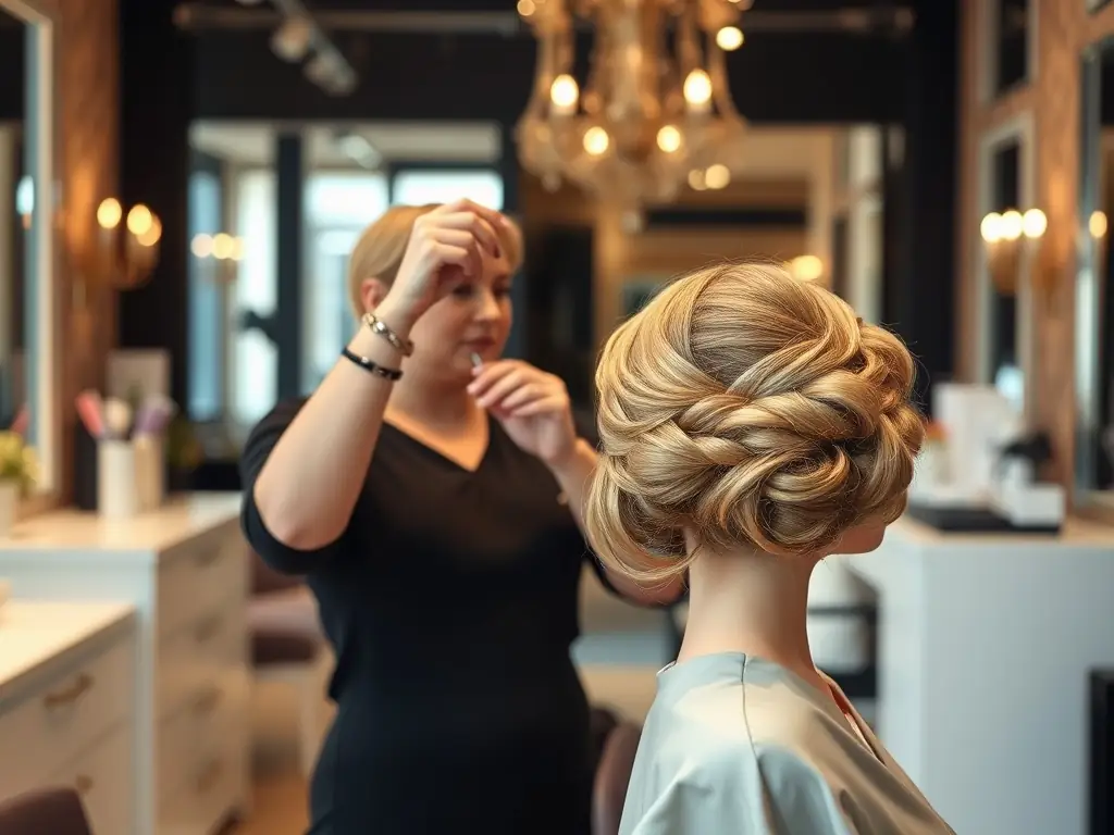 A stylist creating an elegant updo for a client, highlighting the skill and artistry involved in styling services.